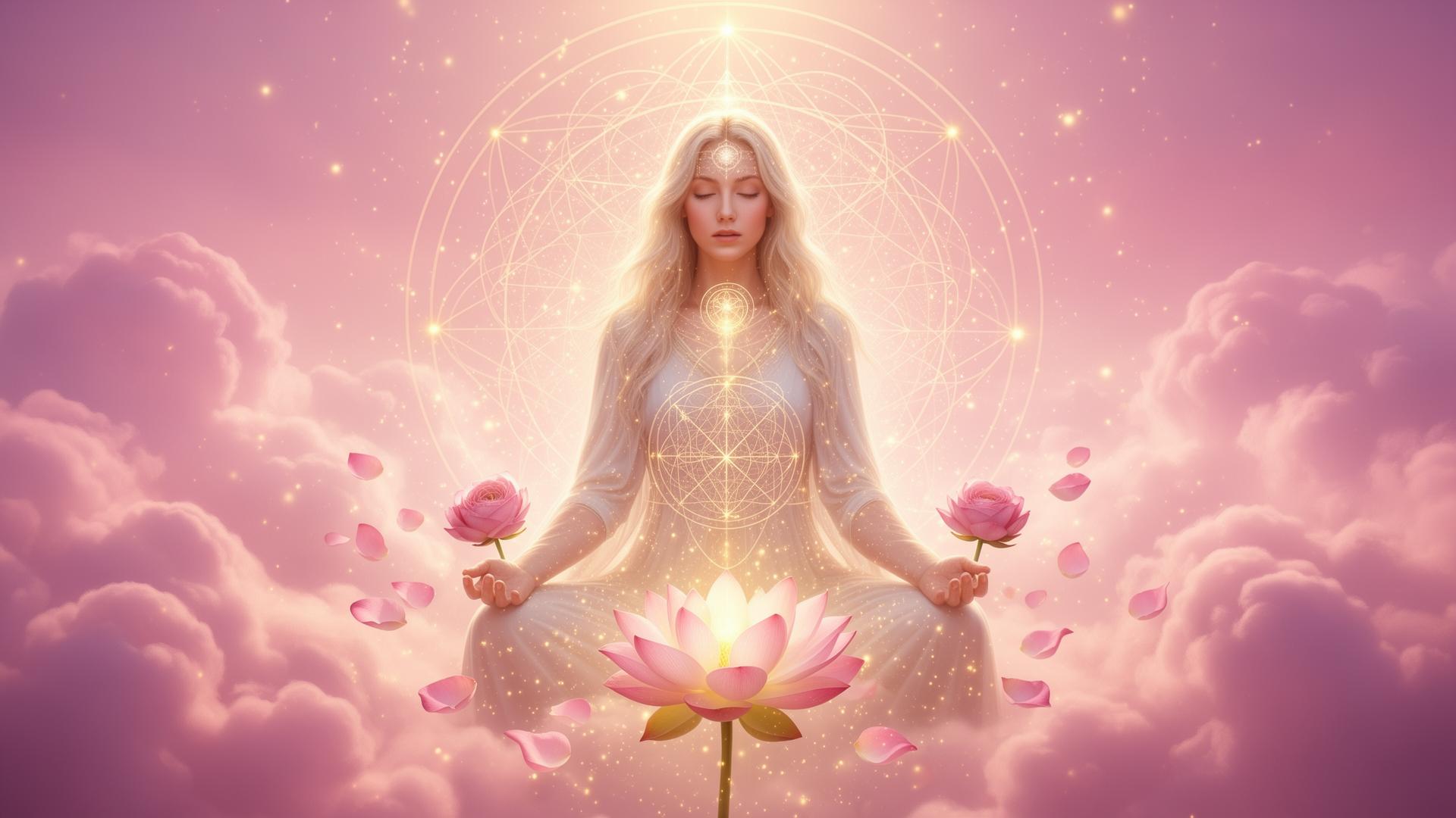 Divine feminine spiritual energy with lotus and sacred geometry
